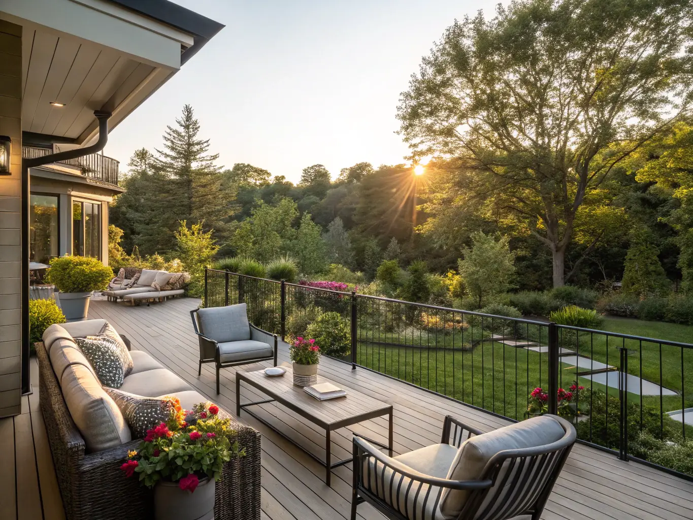 An inviting outdoor living space with a deck, comfortable seating, and an outdoor kitchen, demonstrating Vision Hardscapes' ability to create functional and stylish outdoor areas.
