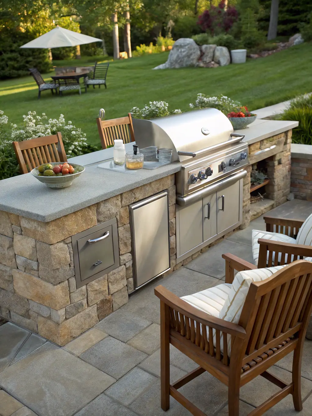 A beautifully constructed stone patio with an outdoor kitchen and comfortable seating, perfect for entertaining in a Cumberland County backyard.